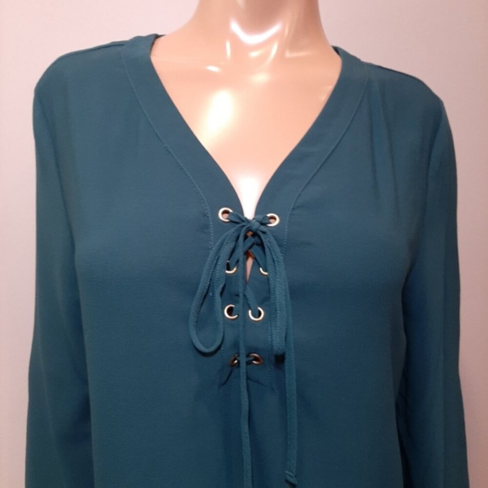 George Boho Tunic Blouse Long Flare Sleeves Lace Up Vneck Teal - Picture 2 of 10